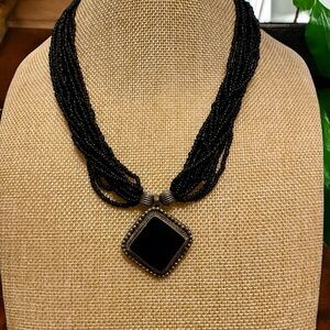 Vintage Tribal Ethnic Multi-Strand Seed Bead Black & Silver Pendant Necklace
